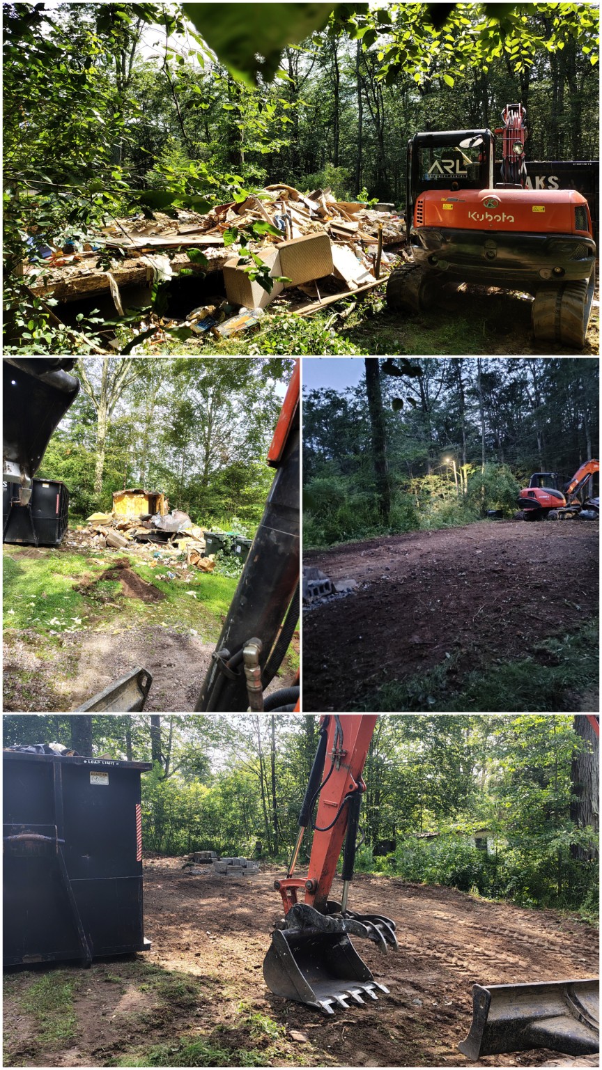 Documented stages of a demolition and site-clearing project, from debris removal through final grading